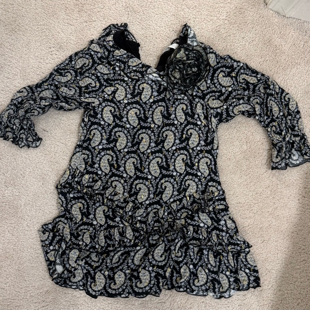 Zara Kids Paisley Ruffle Dress | Size 7 | Long Sleeve | Black Dress